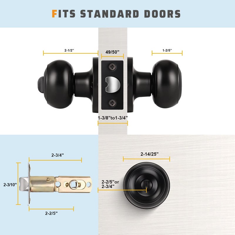 KNOBWELL 2 Pack Ball Privacy Door Knob, Black Interior Door Knob, Door Knob with Lock for Storeroom Bedroom Bathroom, Interior Door Use, Matte Black - Image 5